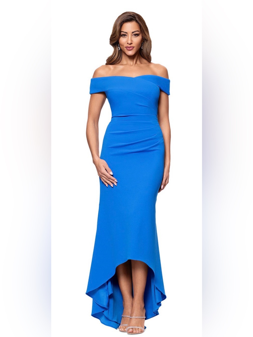 NWT XSCAPE Size 8 LIGHT Blue Off The Shoulder High Low Dress